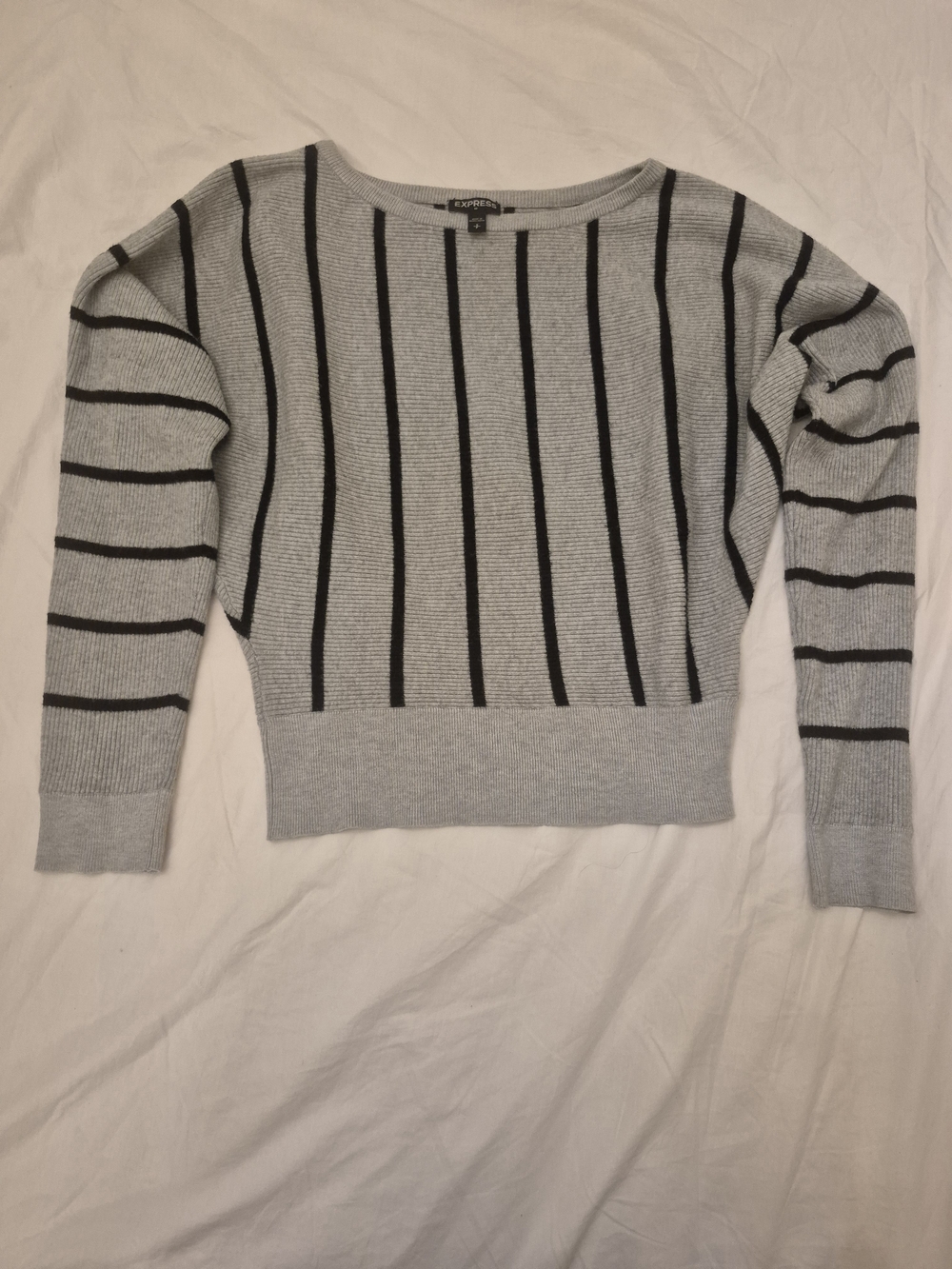 Express Light Gray and Black Striped Crewneck Sweater
